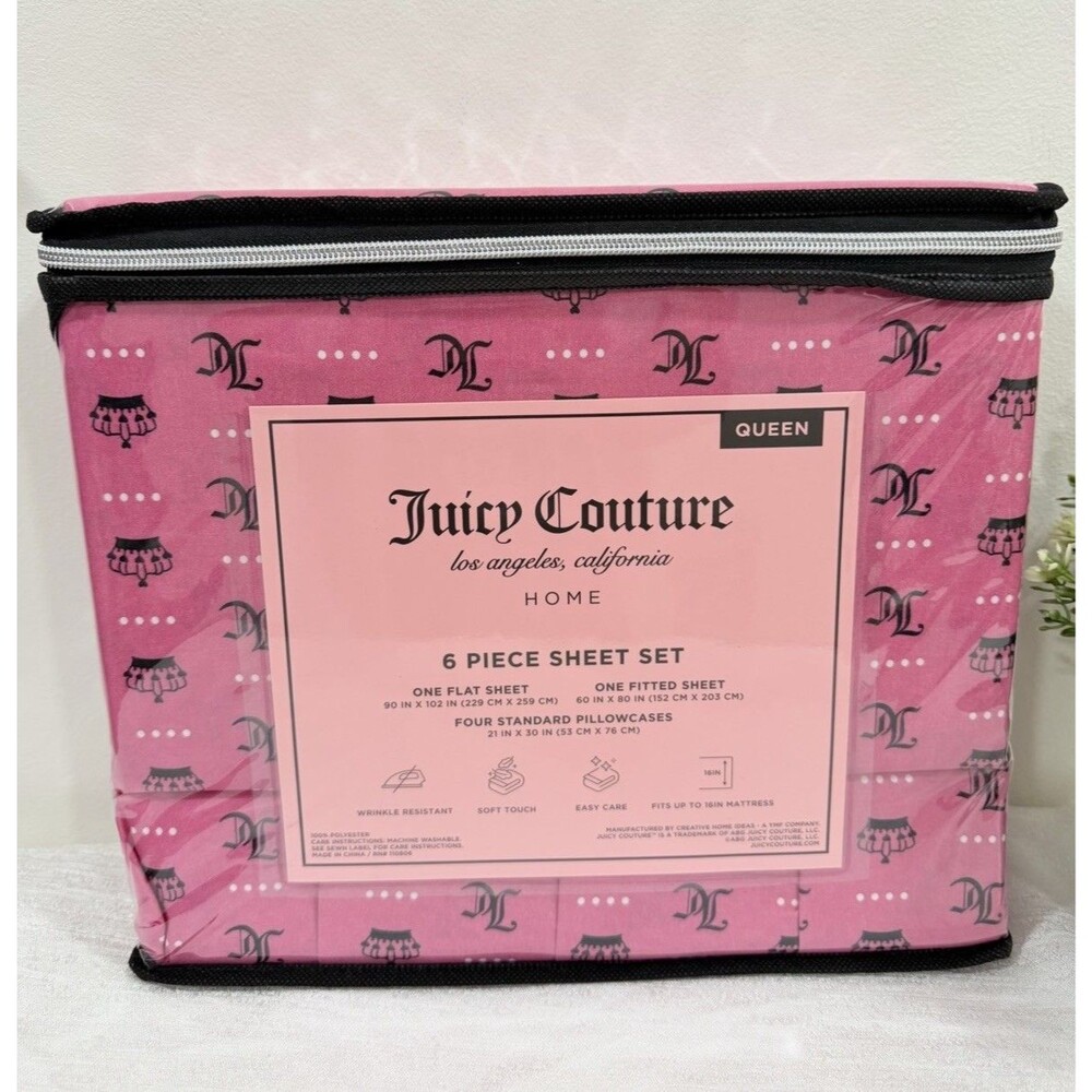 Juicy Couture Home Queen 6 Piece Sheet Set Pink Crown Logo Y2K Bedding